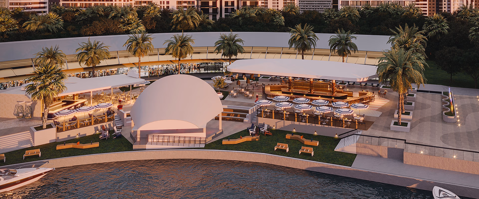 Pier 5 waterfront cocktails at sunset over Biscayne Bay in Miami